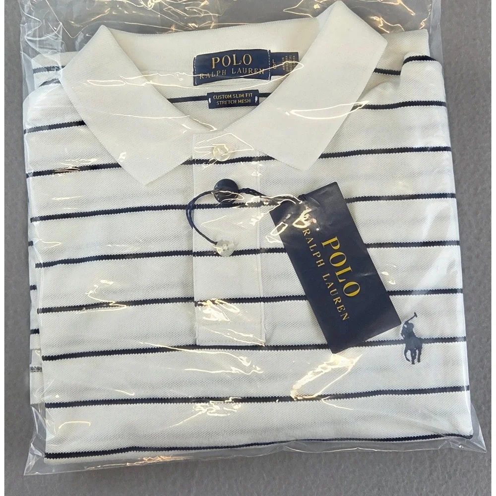 New Polo Ralph Lauren Men's Custom Slim Fit Striped Polo Shirt Navy White Large